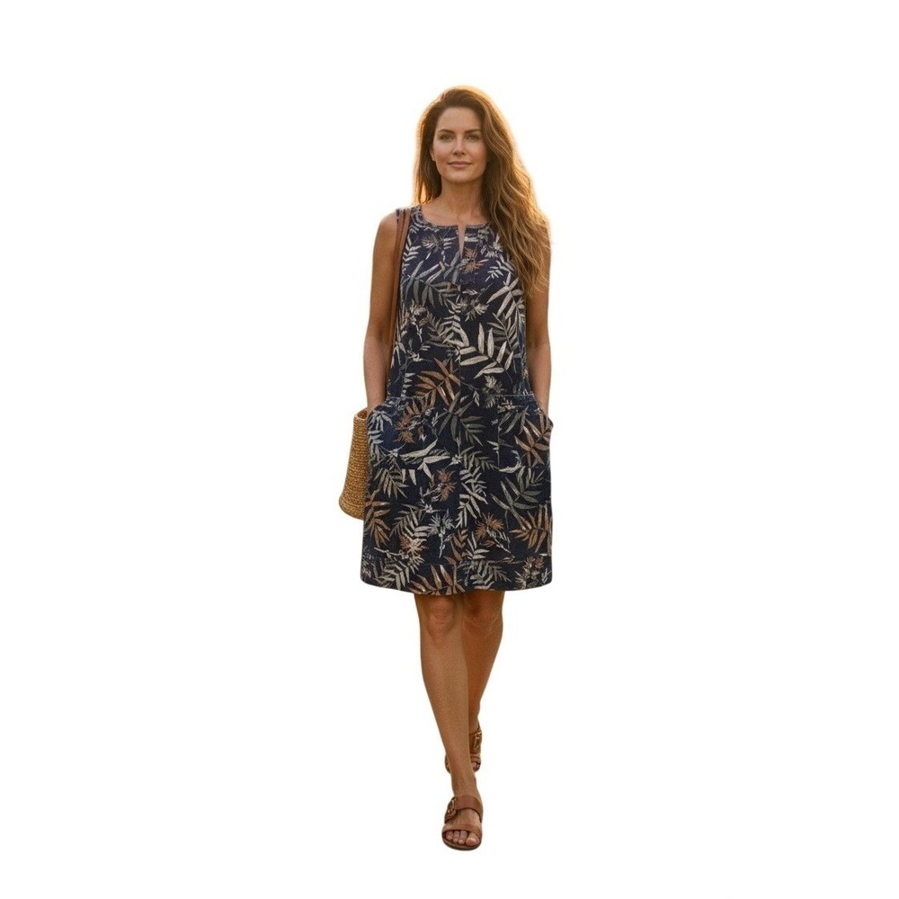 Gipsy Shift Dress Women Size L Navy Tropical Linen Cotton Sleeveless Pockets